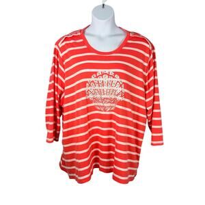 Basic Editions T-shirt Womens 3X Coral Stripe Silver Seashell Rhinestones
